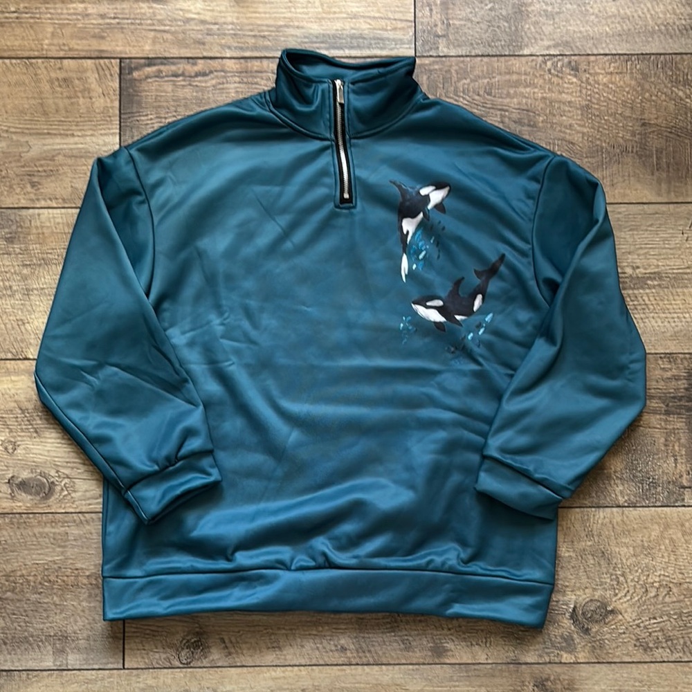 Teal Quarter-Zip Sweatshirt with Orca Design